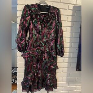 Saloni midi metallic pink, green, black ruffle dress size US 6